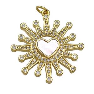 Copper Sun Pendant Pave Shell Zircon Heart 18K Gold Plated, approx 26mm