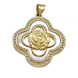 Copper Clover Pendant Pave Shell Zircon Flower 18K Gold Plated, approx 23mm