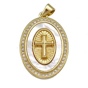 Copper Oval Pendant Pave Shell Zircon Cross 18K Gold Plated, approx 18-25mm