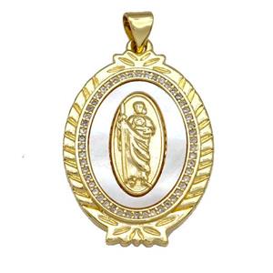 Jesus Charms Copper Oval Pendant Pave Shell Zircon Religious 18K Gold Plated, approx 22-30mm