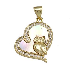Copper Heart Pendant Pave Shell Zircon Owl Charms 18K Gold Plated, approx 18-19mm