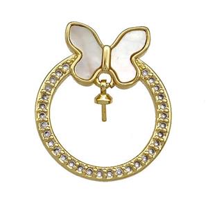 Copper Butterfly Pendant Pave Shell Zircon Circle 18K Gold Plated, approx 20mm