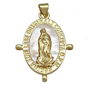 Virgin Mary Charms Copper Oval Pendant Pave Shell Religious 18K Gold Plated, approx 25-30mm