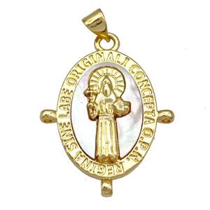 Jesus Charms Copper Oval Pendant Pave Shell 18K Gold Plated, approx 25-30mm