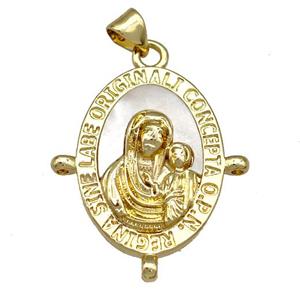Virgin Mary Charms Copper Oval Pendant Pave Shell 18K Gold Plated, approx 25-30mm