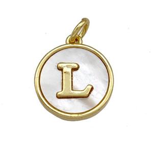 Copper Circle Pendant Pave Shell Letter-L 18K Gold Plated, approx 13mm