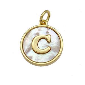 Copper Circle Pendant Pave Shell Letter-C 18K Gold Plated, approx 13mm