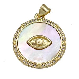 Copper Circle Pendant Pave Shell Zircon Eye 18K Gold Plated, approx 22mm