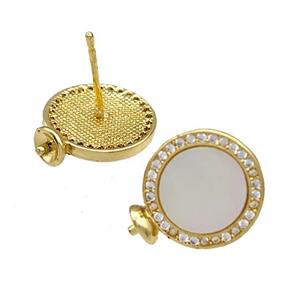 Copper Stud Earrings Pave Shell Zircon Bail 18K Gold Plated, approx 14mm