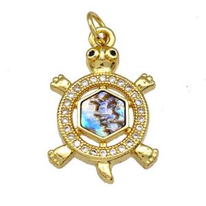 Copper Tortoise Charms Pendant Pave Abalone Shell Zircon 18K Gold Plated, approx 14.5-20mm