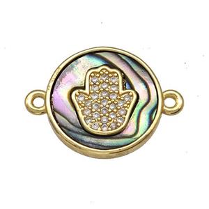 Copper Circle Connector Pave Abalone Shell Zircon Hamsahand 18K Gold Plated, approx 16mm