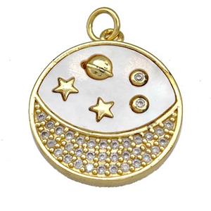 Copper Moon Pendant Pave Shell Zircon Planet 18K Gold Plated, approx 20mm