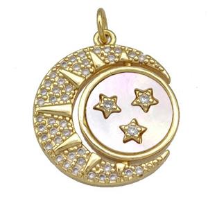 Copper Moon Pendant Pave Shell Zircon 18K Gold Plated, approx 20mm