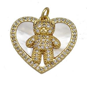 Copper Bear Charms Pendant Pave Shell Zircon Heart 18K Gold Plated, approx 22mm