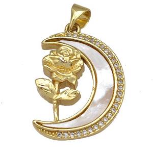 Copper Moon Charms Pendant Pave Shell Zircon Flower 18K Gold Plated, approx 17-21mm
