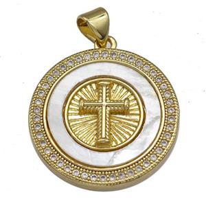Copper Circle Pendant Pave Shell Zircon Cross 18K Gold Plated, approx 22mm