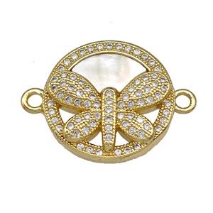 Copper Butterfly Connector Pave Shell Zirconia 18K Gold Plated, approx 18mm
