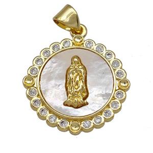 Jesus Charms Copper Circle Pendant Pave Shell Zirconia 18K Gold Plated, approx 20mm
