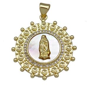 Jesus Charms Copper Circle Pendant Pave Shell Zirconia 18K Gold Plated, approx 25mm