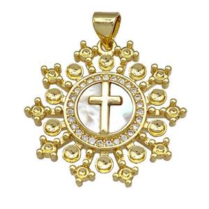 Cross Charms Copper Circle Pendant Pave Shell Zirconia 18K Gold Plated, approx 25mm