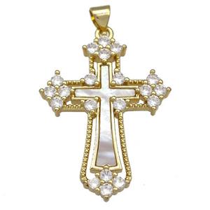 Copper Cross Pendant Pave Shell Zirconia 18K Gold Plated, approx 25-34mm