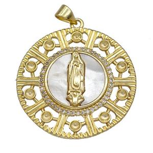 Jesus Charms Copper Circle Pendant Pave Shell Zirconia Religious 18K Gold Plated, approx 30mm