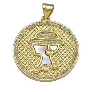 Lady Charms Copper Circle Pendant Pave Shell Zirconia 18K Gold Plated, approx 22mm