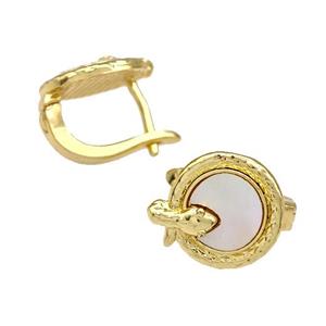 Copper Snake Latchback Earrings Pave Shell 18K Gold Plated, approx 12mm