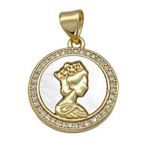 Queen Charms Copper Circle Pendant Pave Shell Zirconia 18K Gold Plated, approx 16mm
