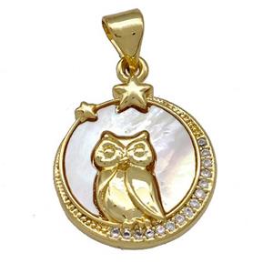 Copper Owl Charms Pendant Pave Shell Zirconia 18K Gold Plated, approx 16mm