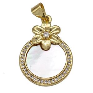 Copper Circle Pendant Pave Shell Zirconia Flower 18K Gold Plated, approx 16mm