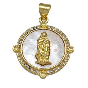 Jesus Charms Copper Circle Pendant Pave Shell Zirconia Religious 18K Gold Plated, approx 19mm
