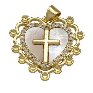 Copper Heart Pendant Pave Shell Zirconia Cross 18K Gold Plated, approx 25mm