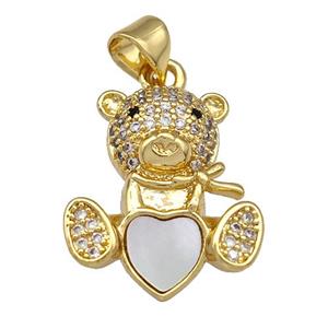 Copper Bear Charms Pendant Pave Shell Zirconia 18K Gold Plated, approx 16-20mm