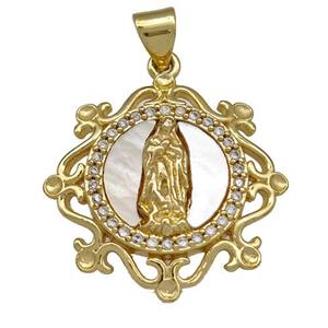 Jesus Charms Copper Pendant Pave Shell Zirconia Religious 18K Gold Plated, approx 22mm