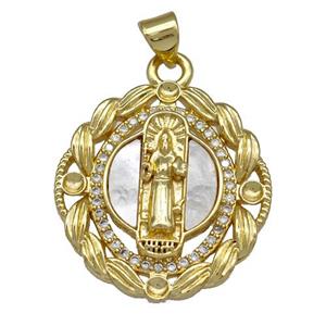 Jesus Charms Copper Pendant Pave Shell Zirconia Religious 18K Gold Plated, approx 23mm
