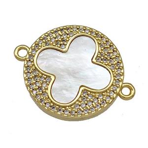 Copper Clover Connector Pave Shell Zirconia 18K Gold Plated, approx 18mm