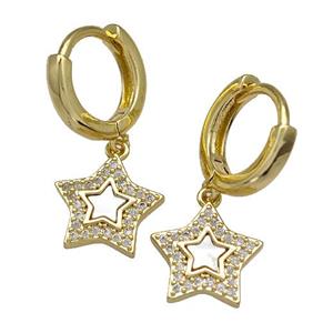 Copper Star Hoop Earrings Pave Shell Zirconia 18K Gold Plated, approx 12mm, 12mm dia