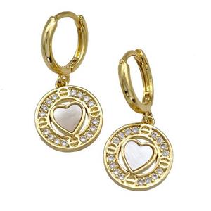 Copper Heart Hoop Earrings Pave Shell Zirconia 18K Gold Plated, approx 12mm, 12mm dia