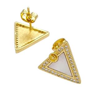 Copper Triangle Stud Earrings Pave Shell Zirconia 18K Gold Plated, approx 15mm