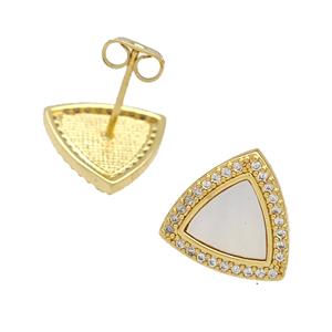 Copper Triangle Stud Earrings Pave Shell Zirconia 18K Gold Plated, approx 13mm