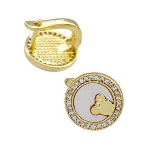 Copper Latchback Earrings Pave Shell Zirconia 18K Gold Plated, approx 12mm
