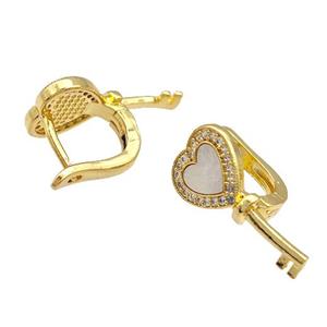 Copper Latchback Earrings Pave Shell Zircon Key 18K Gold Plated, approx 10-19mm