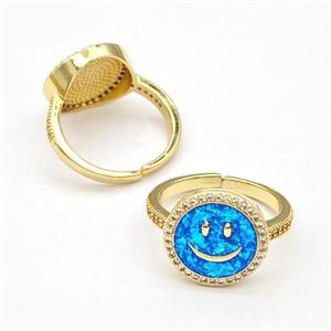 Copper Rings Pave Fire Opal Zirconia Emoji Smile Face 18K Gold Plated, approx 14mm, 18mm dia