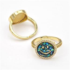 Copper Rings Pave Fire Opal Zirconia Emoji Smile Face 18K Gold Plated, approx 14mm, 18mm dia