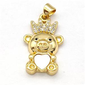 Copper Bear Pendant Pave Shell Zircon Crown 18K Gold Plated, approx 15-23mm