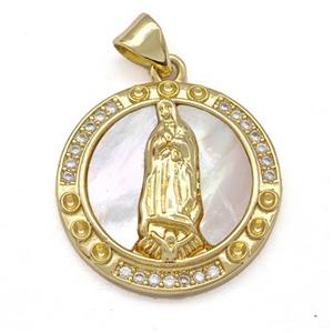 Jesus Charms Copper Pendant Pave Shell Zircon Circle Religious 18K Gold Plated, approx 20mm