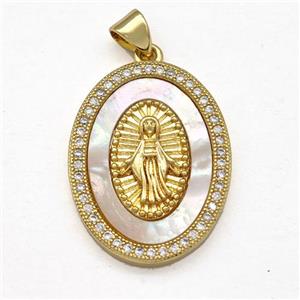 Jesus Charms Copper Pendant Pave Shell Zircon Oval Religious 18K Gold Plated, approx 19-25mm