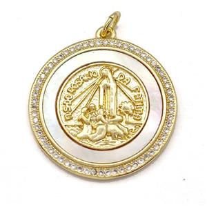 Jesus Charms Copper Pendant Pave Shell Zircon Circle Religious 18K Gold Plated, approx 23mm
