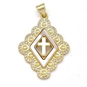 Copper Cross Pendant Pave Shell Zircon Rhombus 18K Gold Plated, approx 22-28mm